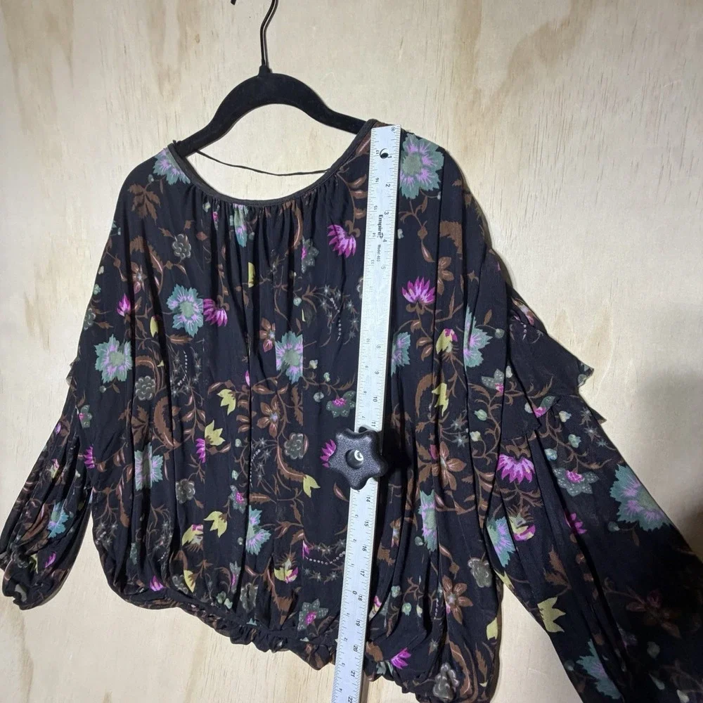 Free People Women's XS Floral Peasant Blouse Black Boho Balloon Sleeve Top